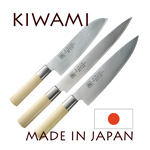 Set 3 couteaux japonais KIWAMI Damas inox 33 couches - manche Peuplier  SANTOKU 18,7cm + GYUTO 20,9cm + HAMKIRI 24,5cm 