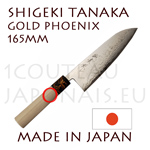 Couteau japonais SANTOKU forgé manuellement par Shigeki Tanaka  Acier carbone -non inoxydable- damassé 2x8 couches Décor Phénix doré sur la mitre 