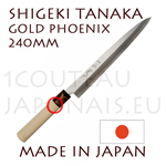 Couteau japonais SASHIMI forgé manuellement par Shigeki Tanaka  Acier carbone -non inoxydable- Décor Phénix doré sur la mitre 