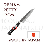 Teruyasu Fujiwara: Couteau japonais PETTY 120 mm DENKA - acier carbone Aogami Super 64-65 Rockwell et 2 couches acier inox - manche pakka noir 