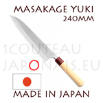 Masakage Yuki: 240 mm CHEF japanese knife - carbon steel -white paper steel- 62-63 Rockwell clad stainless - oval magnolia handle and red pakka wood bolster 