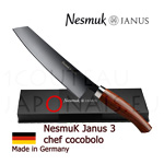 Luxueux coffret Couteau NESMUK Janus 3.0 CHEF - manche Cocobolo avec bague argent massif - lame inox vide sur une face (concave) 