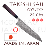 Takeshi Saji: GYUTO 24cm japanese knife - R2(SG2) 63 Rockwell DAMAS steel - hexagonal Rosewood handle with black pakka wood bolster 